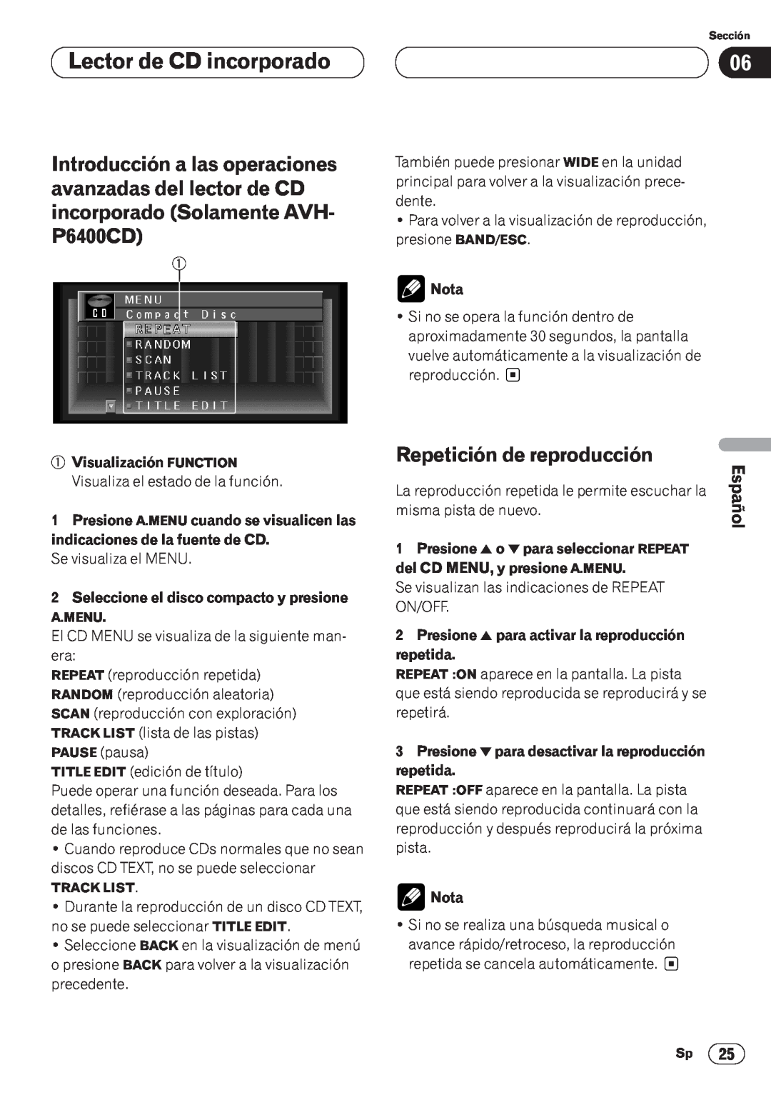 Pioneer AVH-P6400CD operation manual Lector de CD incorporado, Repetición de reproducción, Español, English, Nota, repetida 