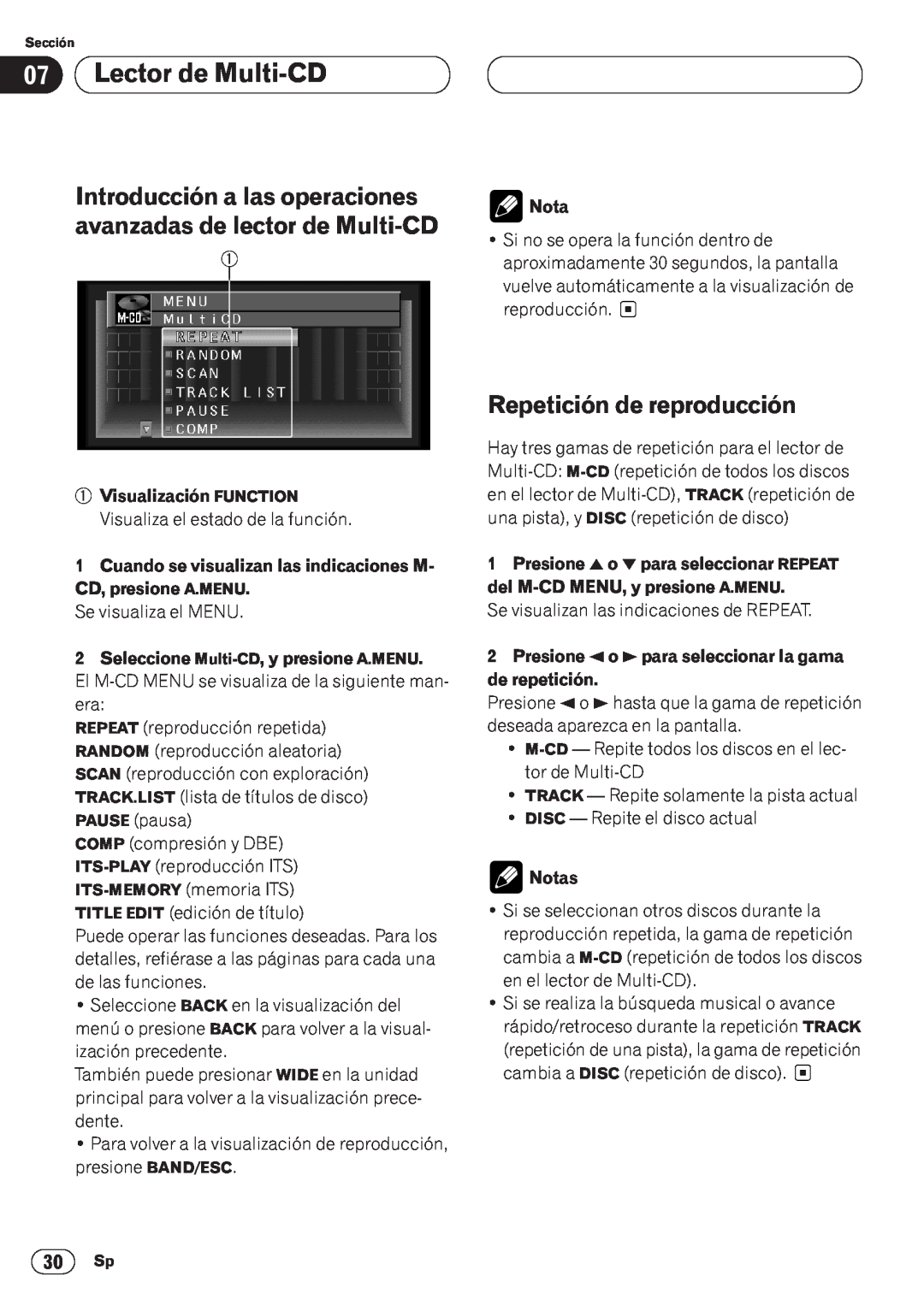 Pioneer AVH-P6400 Lector de Multi-CD, Repetición de reproducción, Seleccione Multi-CD, y presione A.MENU, Notas 