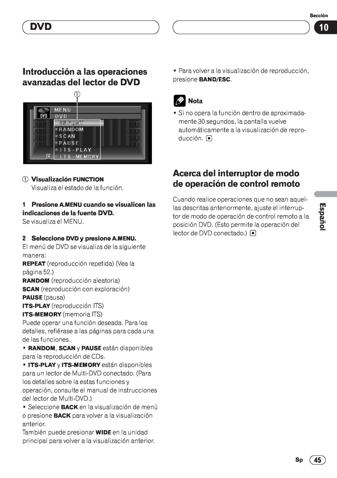Pioneer AVH-P6400CD Acerca del interruptor de modo, de operación de control remoto, Italiano, Nederlands, English, Español 