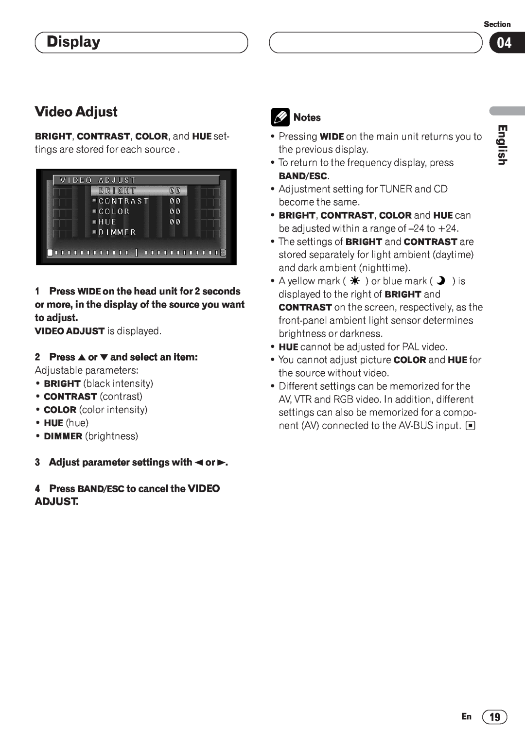 Pioneer AVH-P6400CD operation manual Display, Video Adjust, English, Español Deutsch Français Italiano Nederlands 