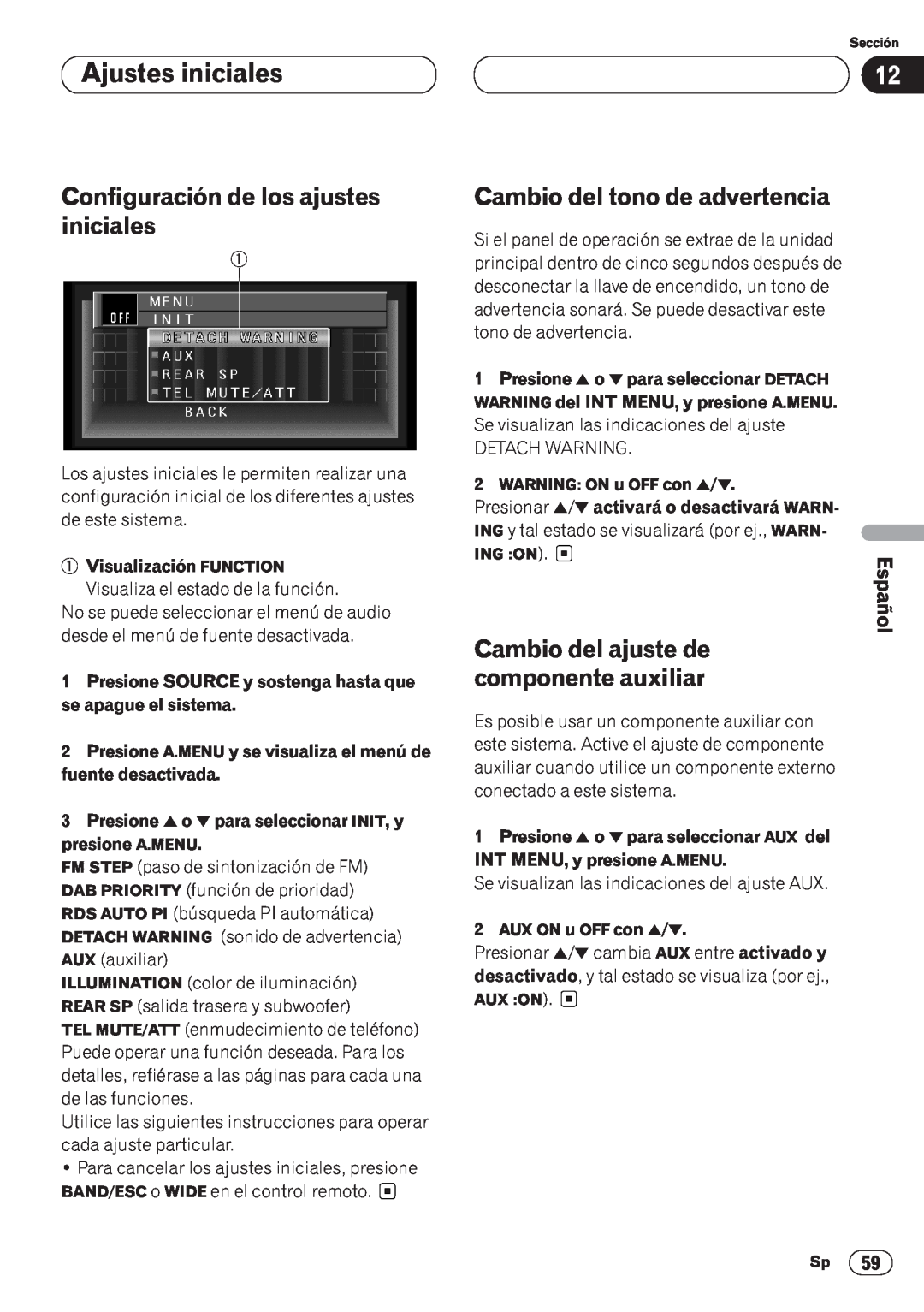 Pioneer AVH-P6400CD Ajustes iniciales, Configuración de los ajustes iniciales, Cambio del tono de advertencia, Español 