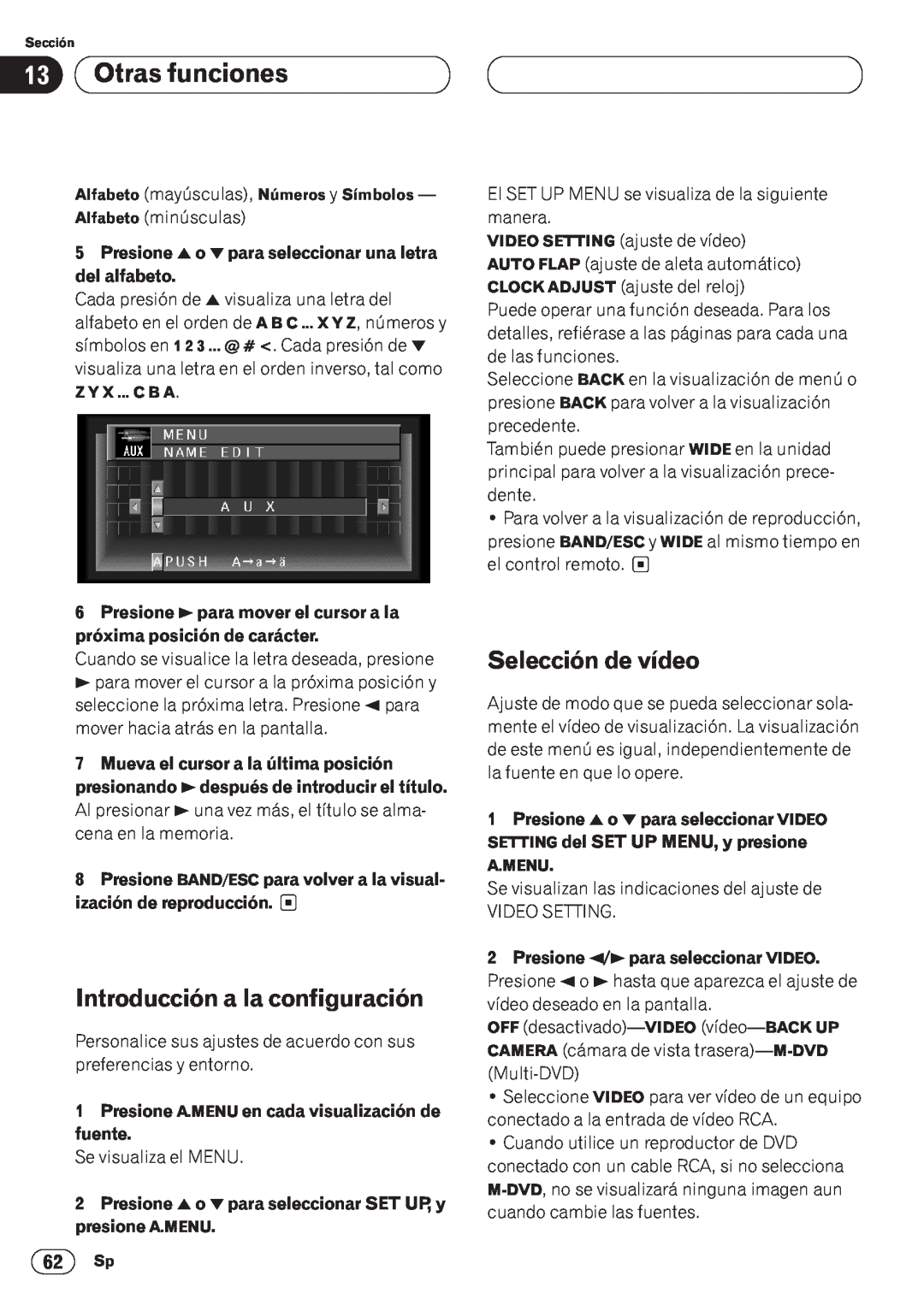 Pioneer AVH-P6400CD operation manual Otras funciones, Introducción a la configuración, Selección de vídeo 