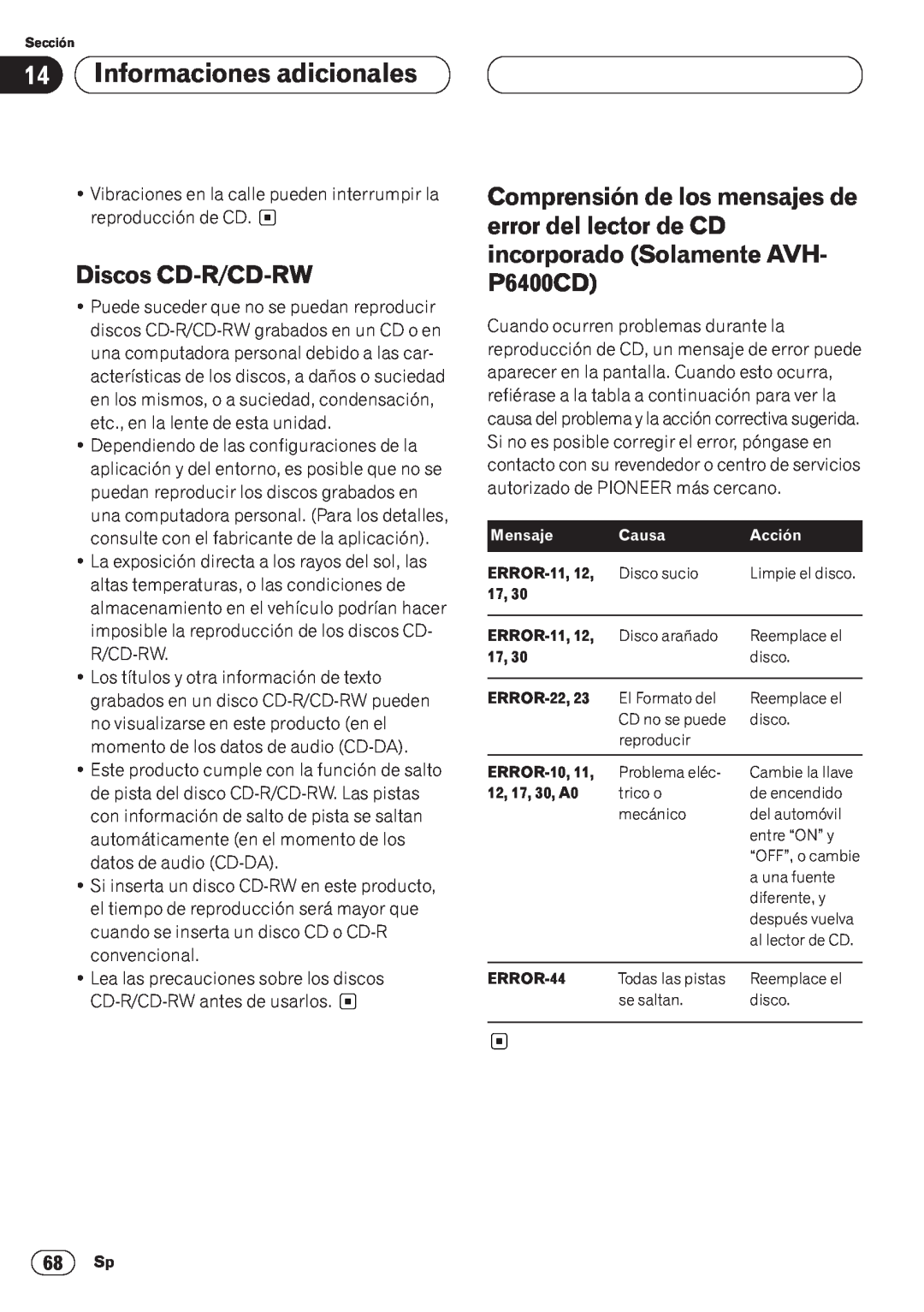 Pioneer AVH-P6400CD operation manual Informaciones adicionales, Discos CD-R/CD-RW 