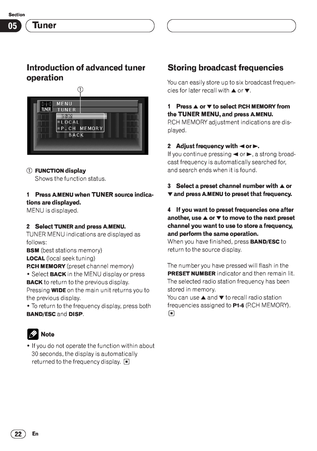 Pioneer AVH-P6400CD operation manual Tuner, Introduction of advanced tuner operation, Storing broadcast frequencies 