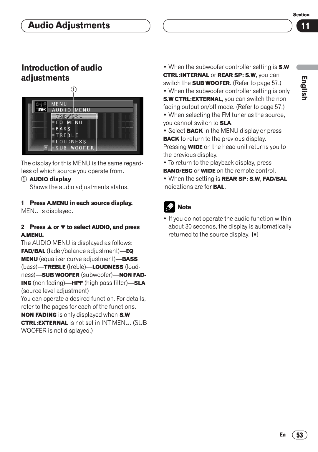 Pioneer AVH-P6400CD Audio Adjustments, Introduction of audio adjustments, Nederlands, Deutsch, Français, Italiano 
