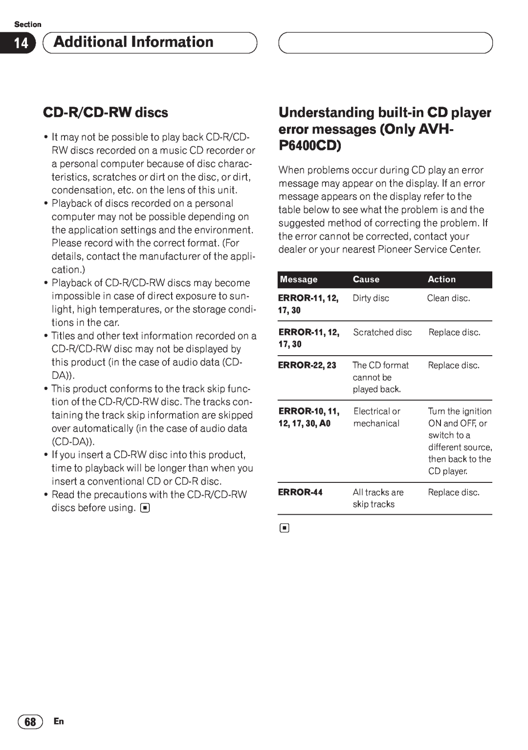 Pioneer AVH-P6400CD operation manual Additional Information, CD-R/CD-RW discs 