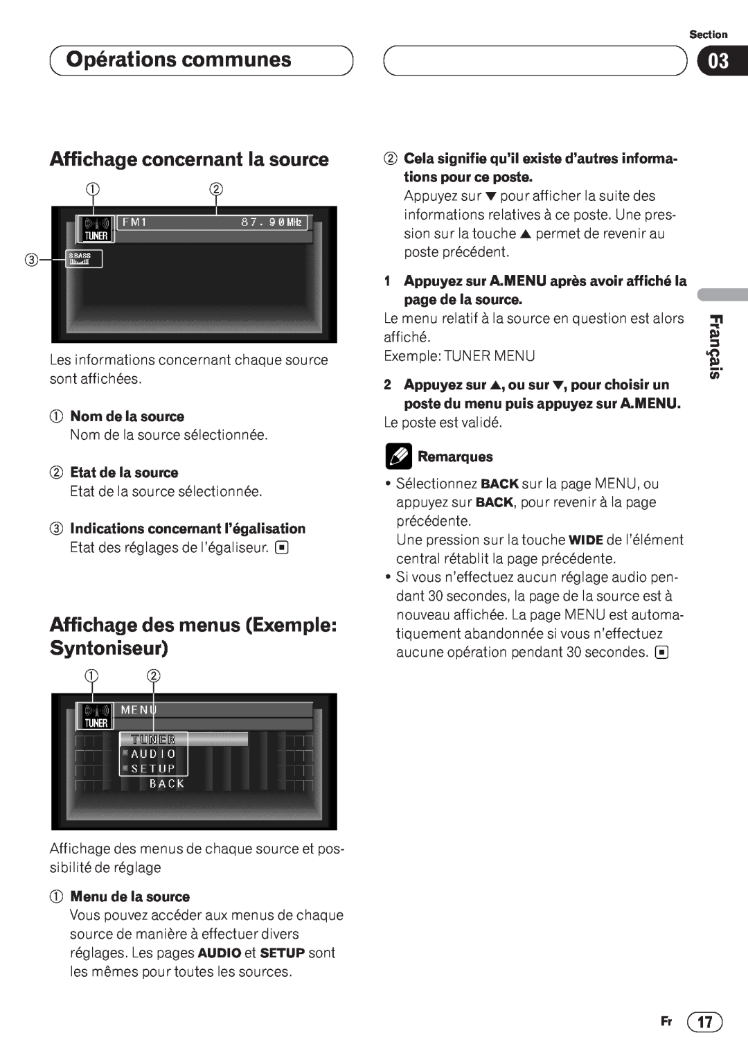 Pioneer AVH-P6400CD Opérations communes, Affichage concernant la source, Affichage des menus Exemple Syntoniseur, Italiano 