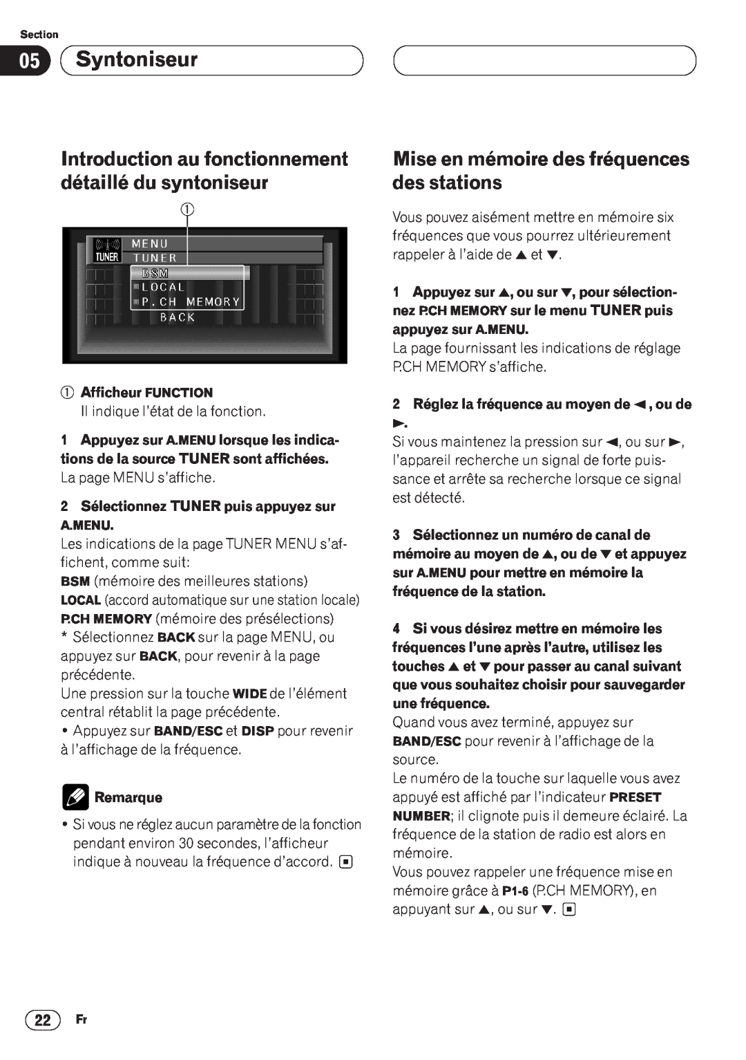 Pioneer AVH-P6400CD Syntoniseur, Mise en mémoire des fréquences des stations, Afficheur FUNCTION, Remarque 