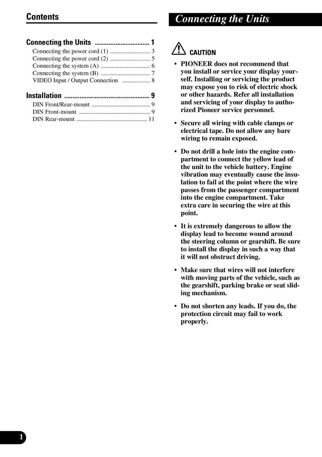 Pioneer AVH-P6450CD installation manual Connecting the Units, Contents 