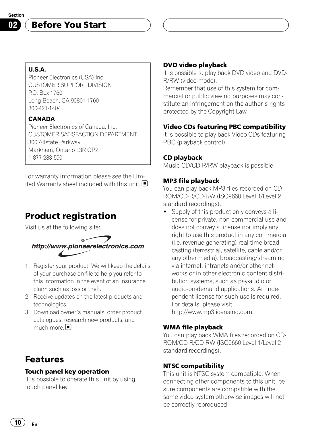 Pioneer AVH-P6800DVD operation manual Product registration, Features, Canada 