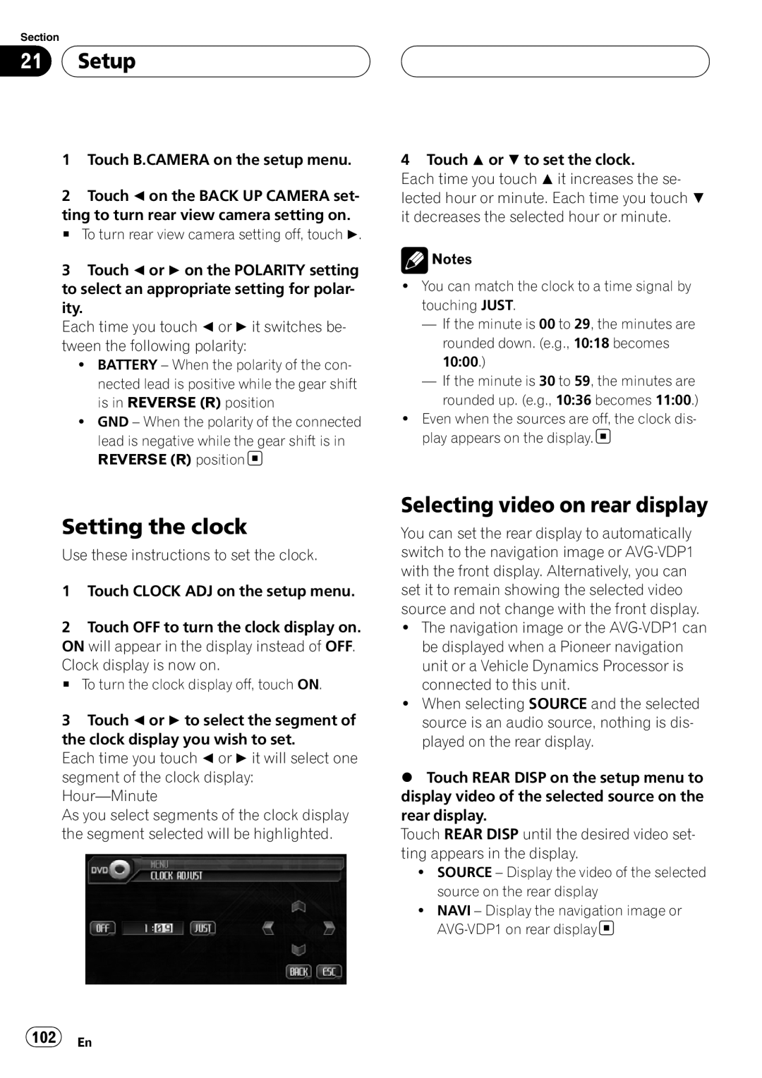 Pioneer AVH-P6800DVD operation manual Setup, Setting the clock, Selecting video on rear display, 102 En 