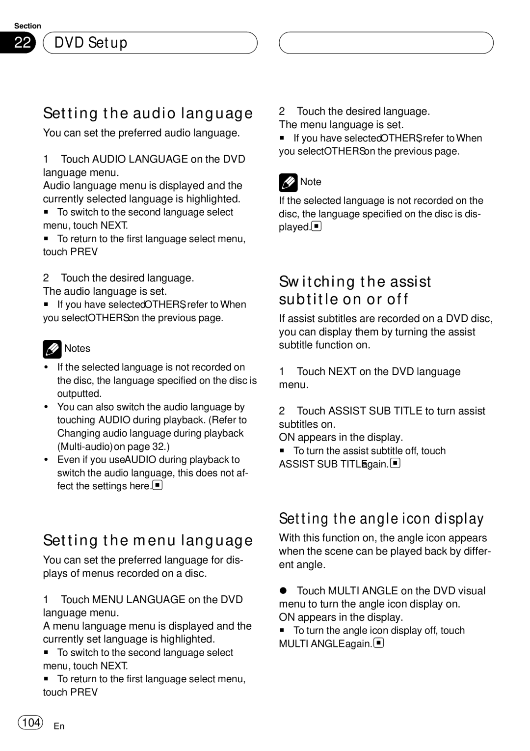 Pioneer AVH-P6800DVD operation manual DVD Setup Setting the audio language, Switching the assist subtitle on or off, 104 En 