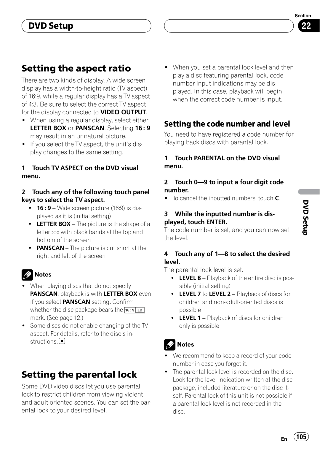 Pioneer AVH-P6800DVD DVD Setup Setting the aspect ratio, Setting the parental lock, Setting the code number and level, Dvd 