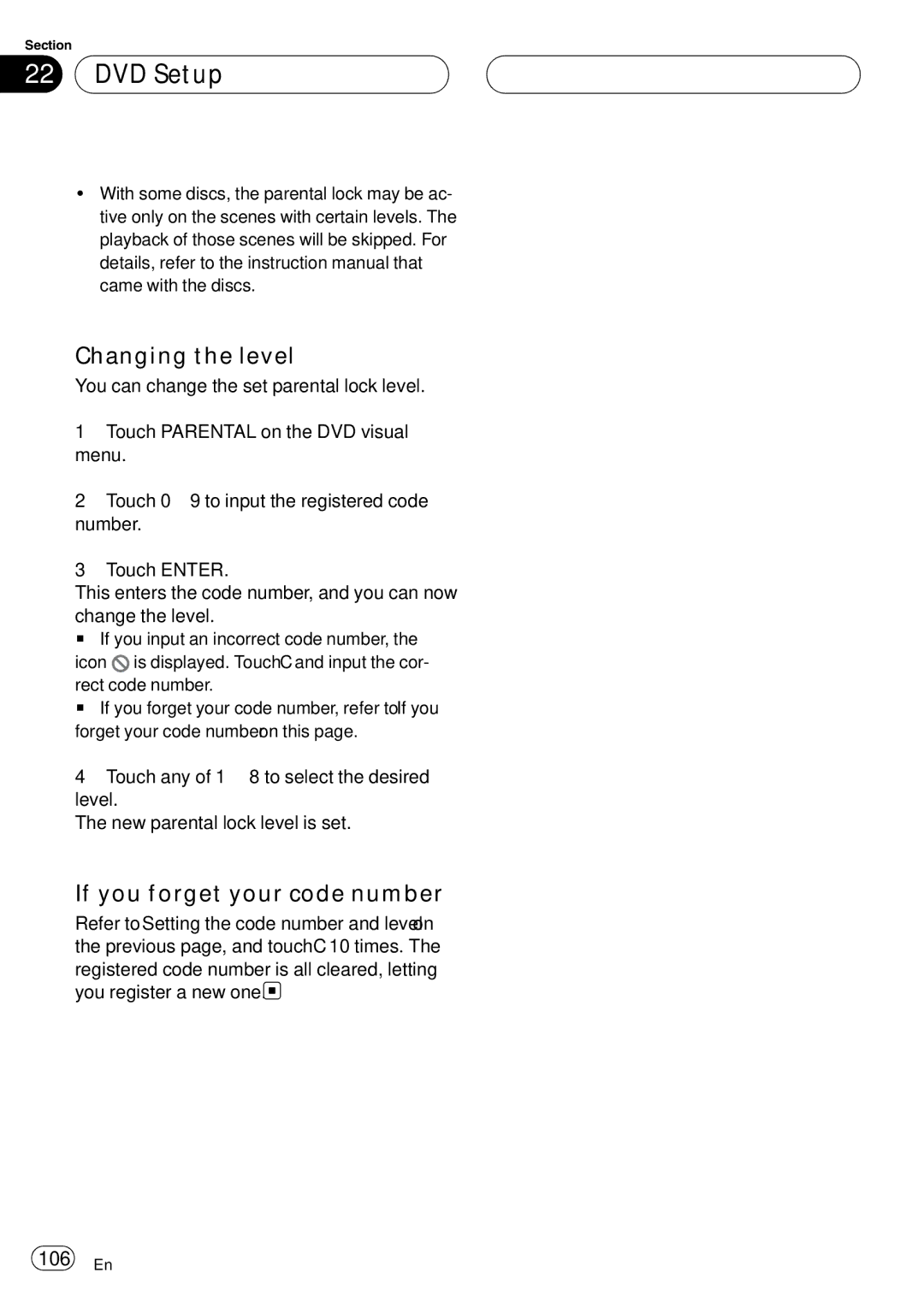 Pioneer AVH-P6800DVD operation manual DVD Setup, Changing the level, If you forget your code number, 106 En 