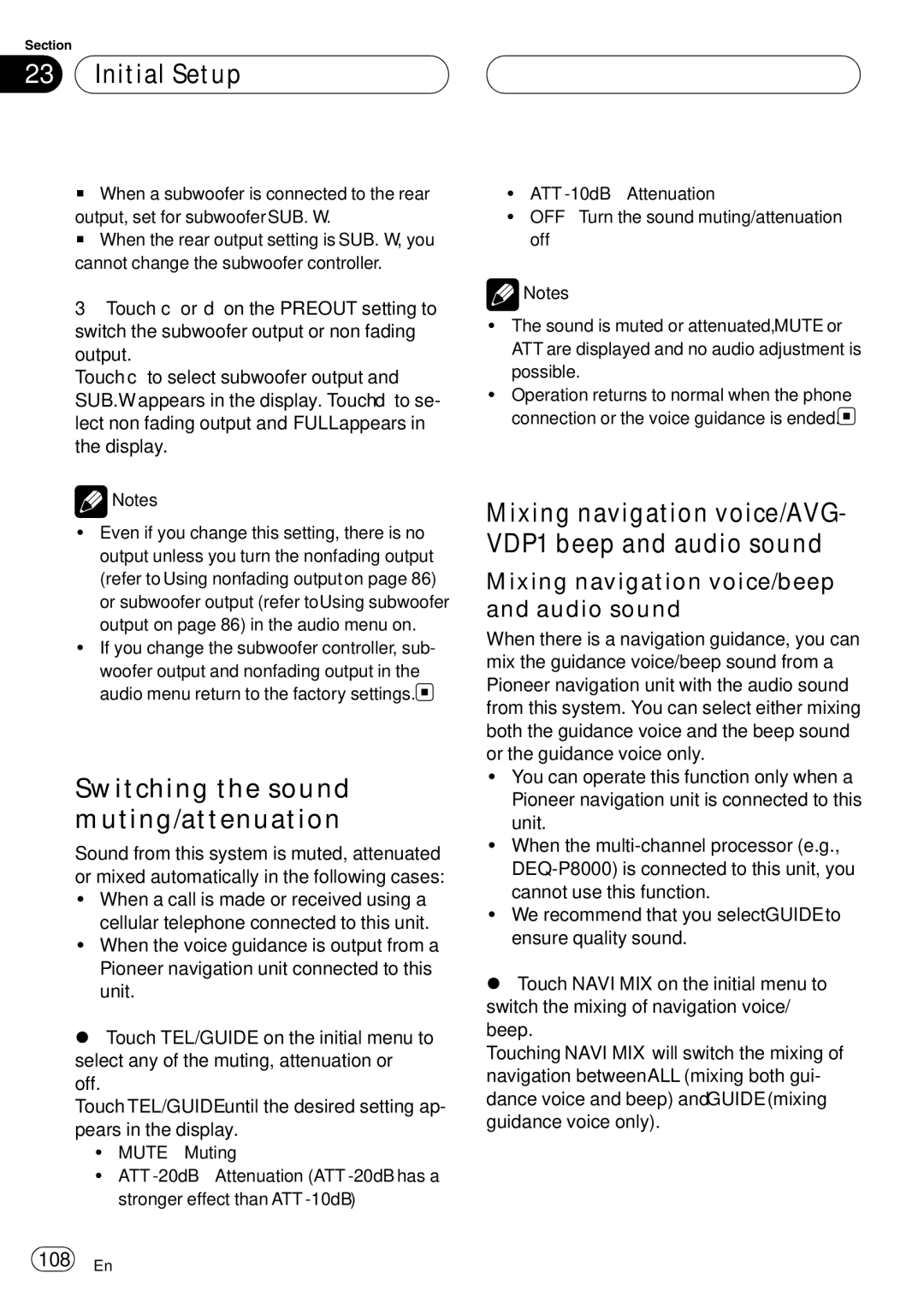 Pioneer AVH-P6800DVD Initial Setup, Switching the sound muting/attenuation, Mixing navigation voice/beep and audio sound 