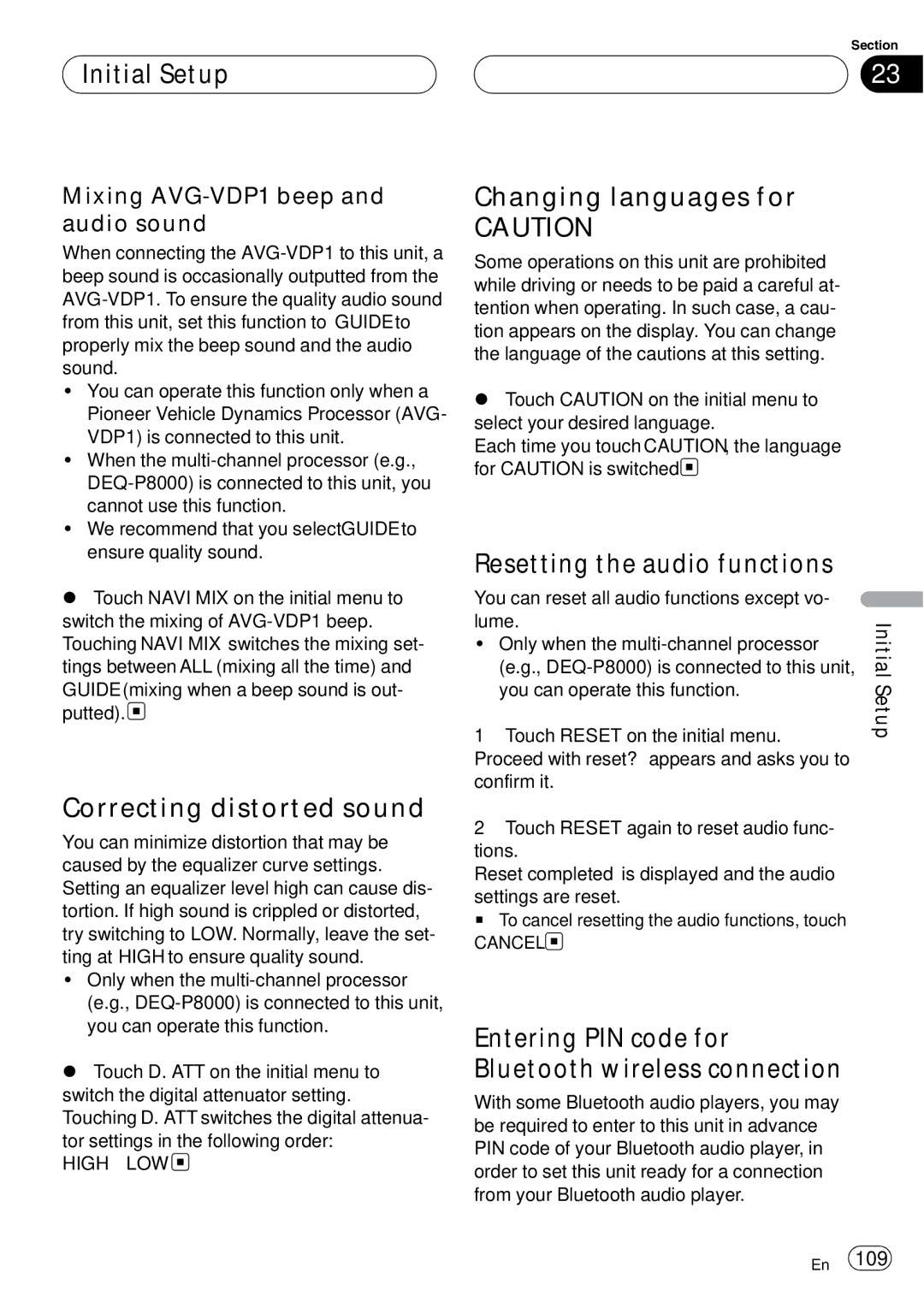 Pioneer AVH-P6800DVD operation manual Correcting distorted sound, Changing languages for, Resetting the audio functions 