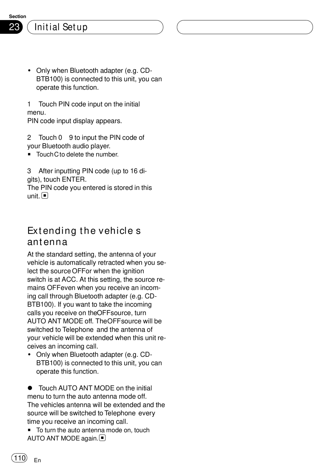 Pioneer AVH-P6800DVD operation manual Extending the vehicle’s antenna, 110 En 