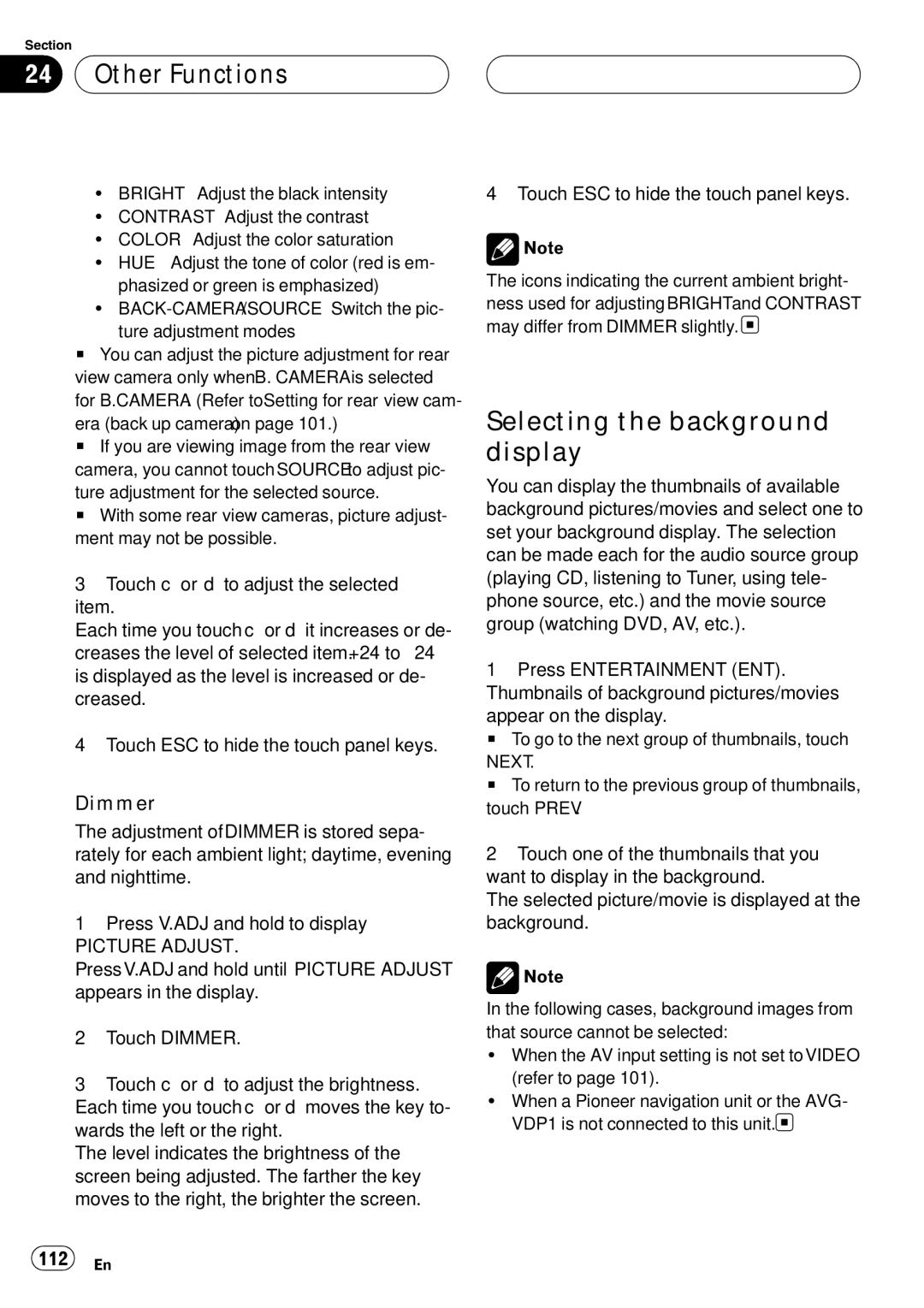 Pioneer AVH-P6800DVD operation manual Other Functions, Selecting the background display, Dimmer, 112 En 