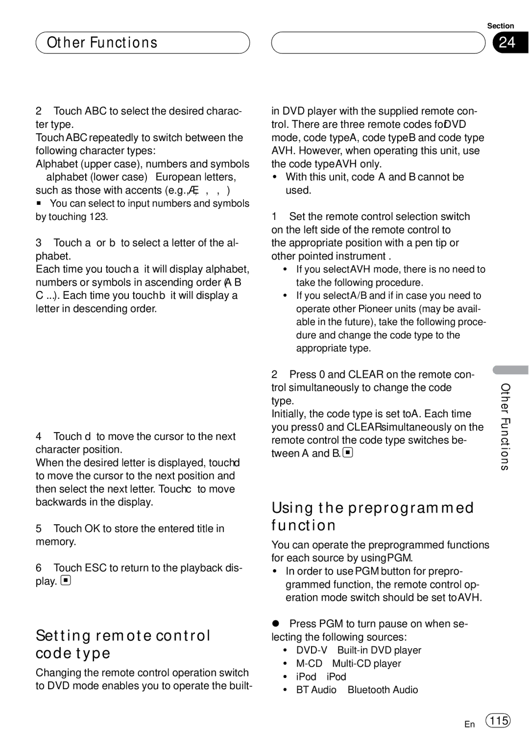 Pioneer AVH-P6800DVD operation manual Setting remote control code type, Using the preprogrammed function 