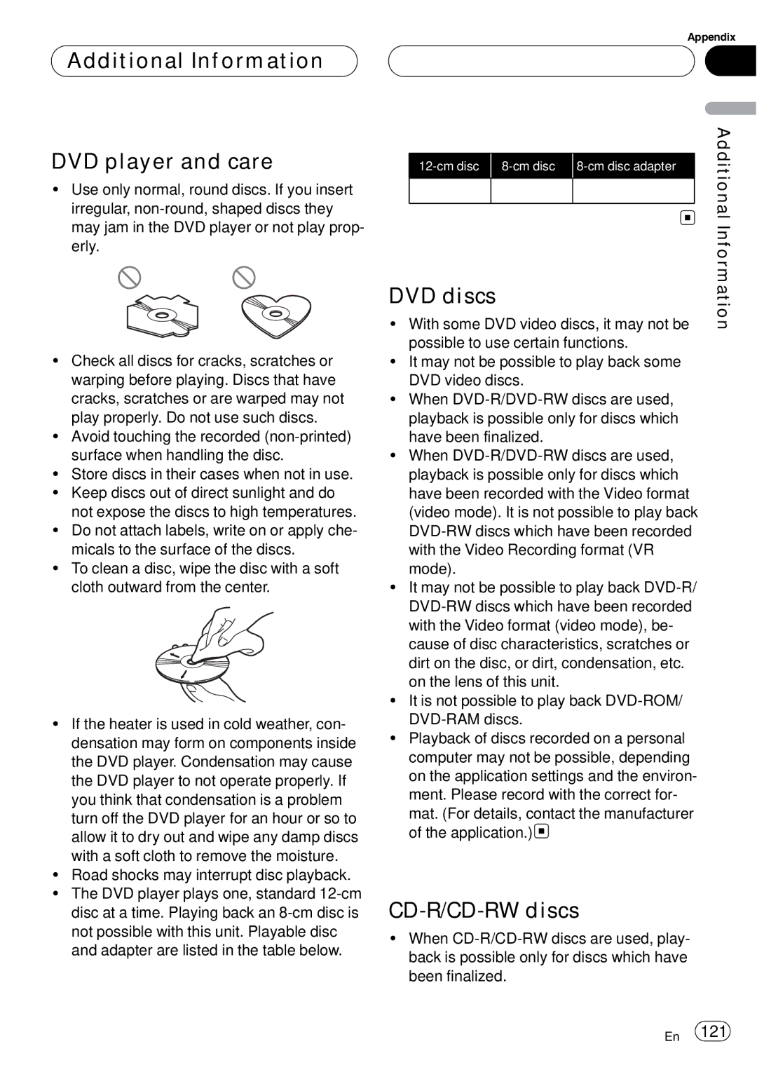 Pioneer AVH-P6800DVD operation manual Additional Information DVD player and care, CD-R/CD-RW discs 