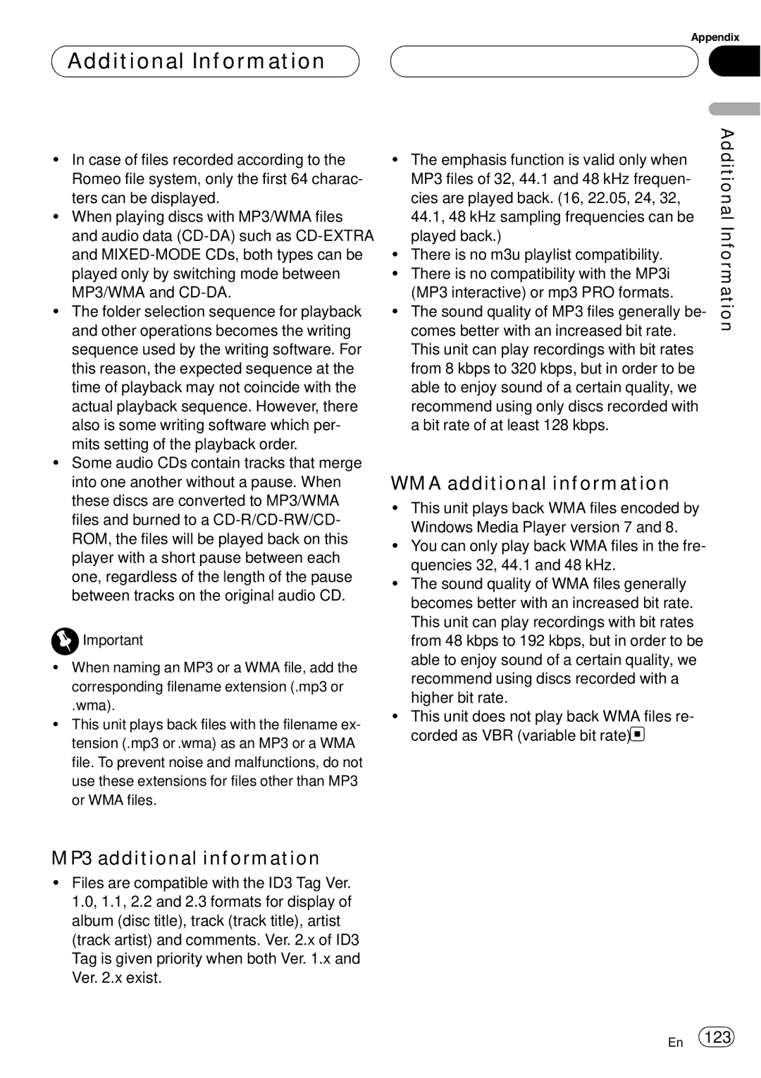 Pioneer AVH-P6800DVD operation manual MP3 additional information, WMA additional information 