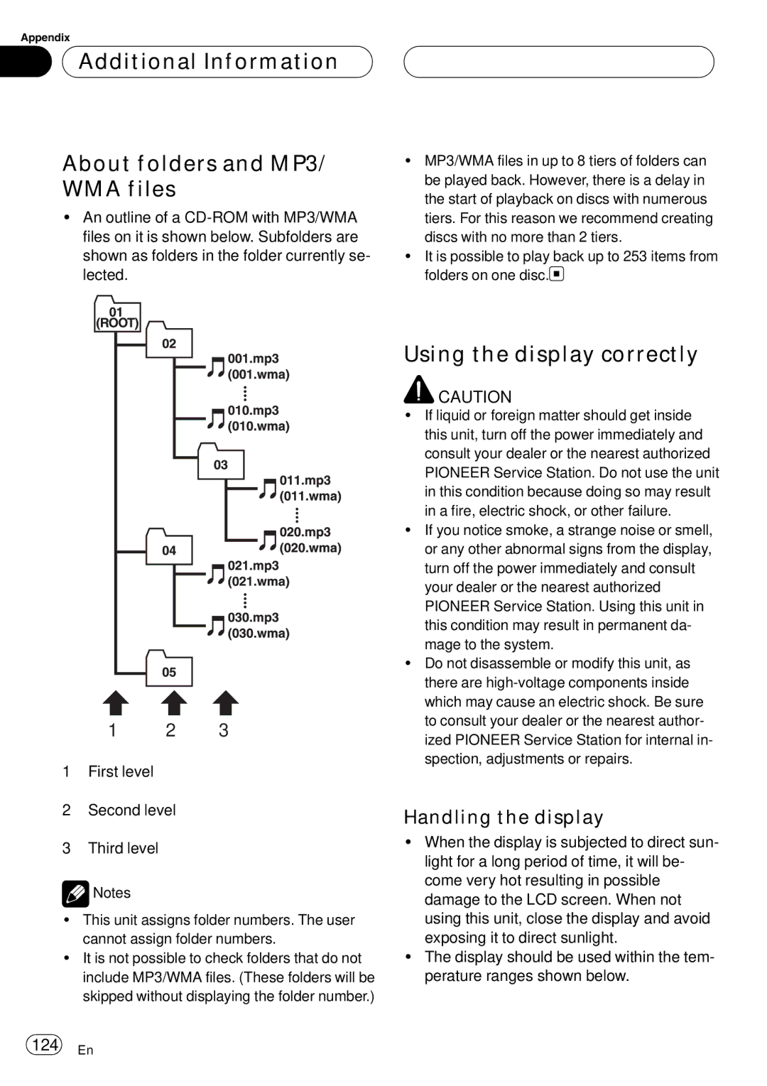 Pioneer AVH-P6800DVD Additional Information About folders and MP3 WMA files, Using the display correctly, 124 En 