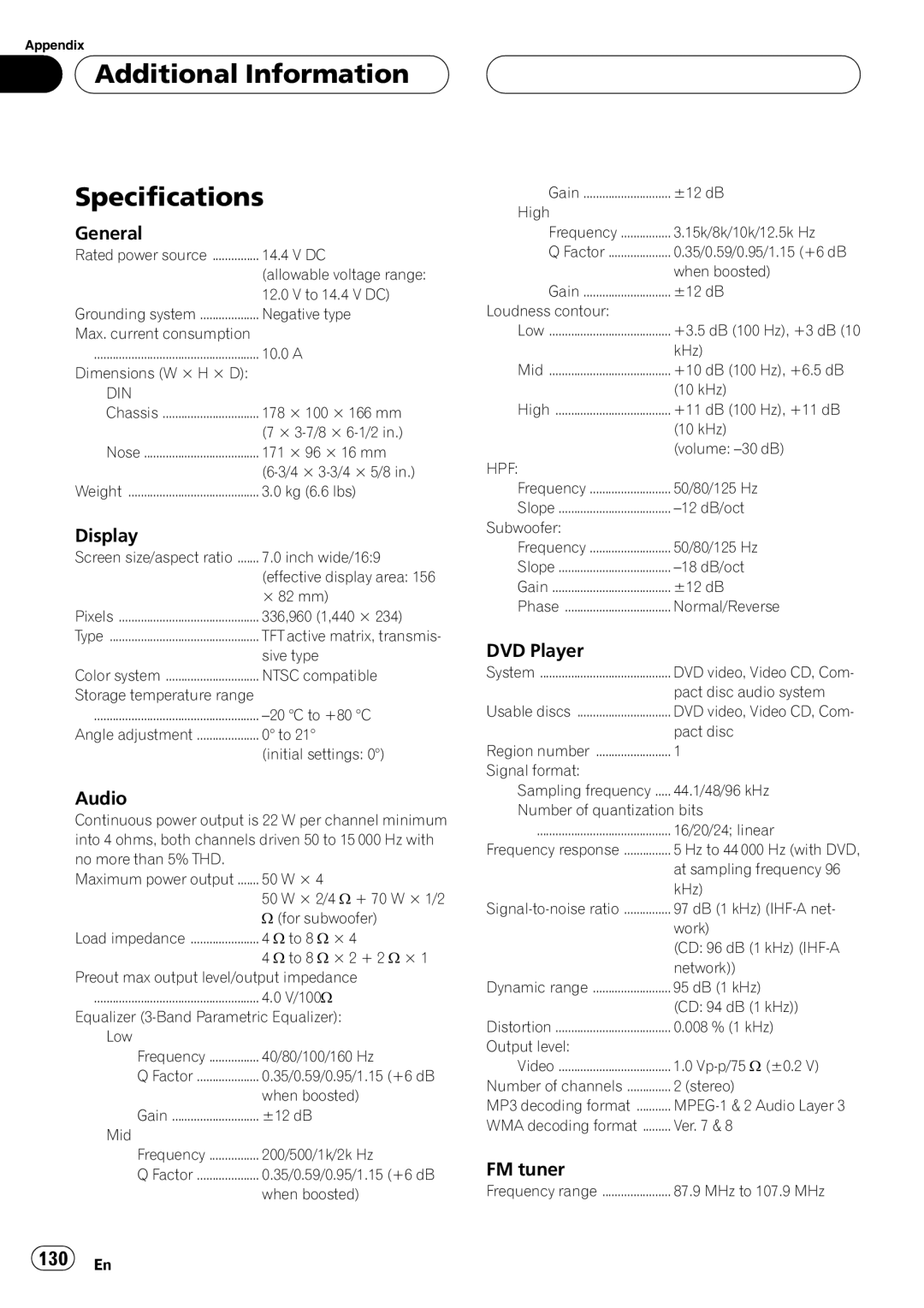 Pioneer AVH-P6800DVD operation manual Additional Information Specifications, 130 En 