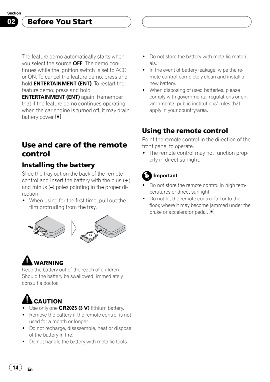 Pioneer AVH-P6800DVD operation manual Use and care of the remote control, Installing the battery, Using the remote control 