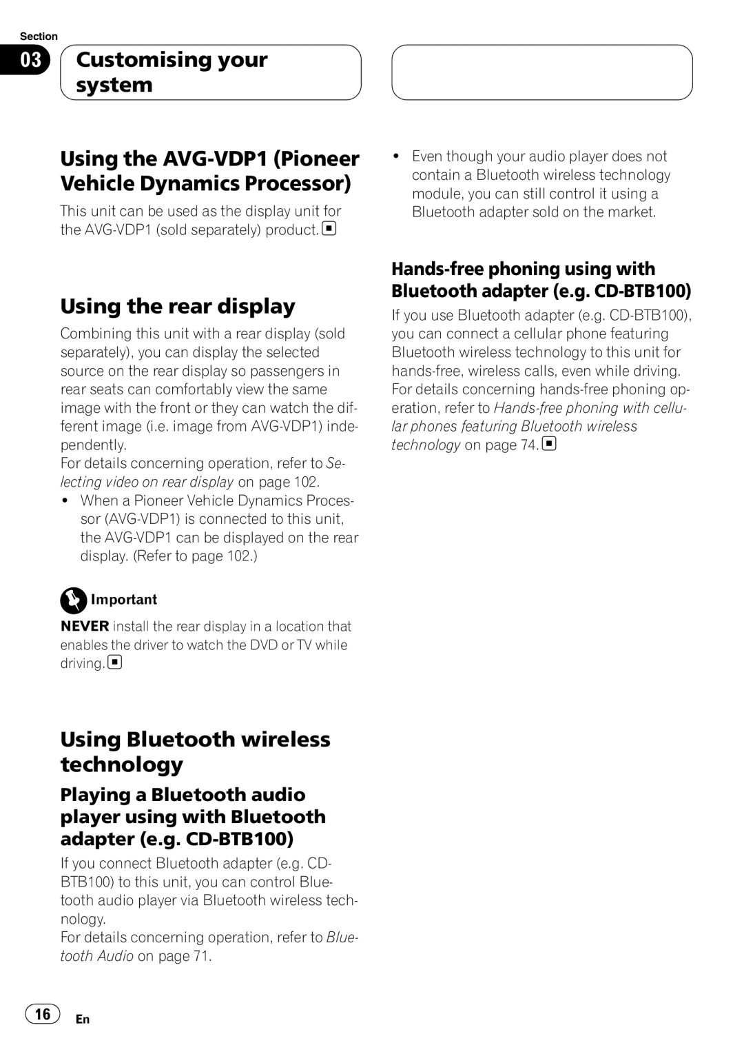 Pioneer AVH-P6800DVD operation manual Using the rear display, Using Bluetooth wireless technology 