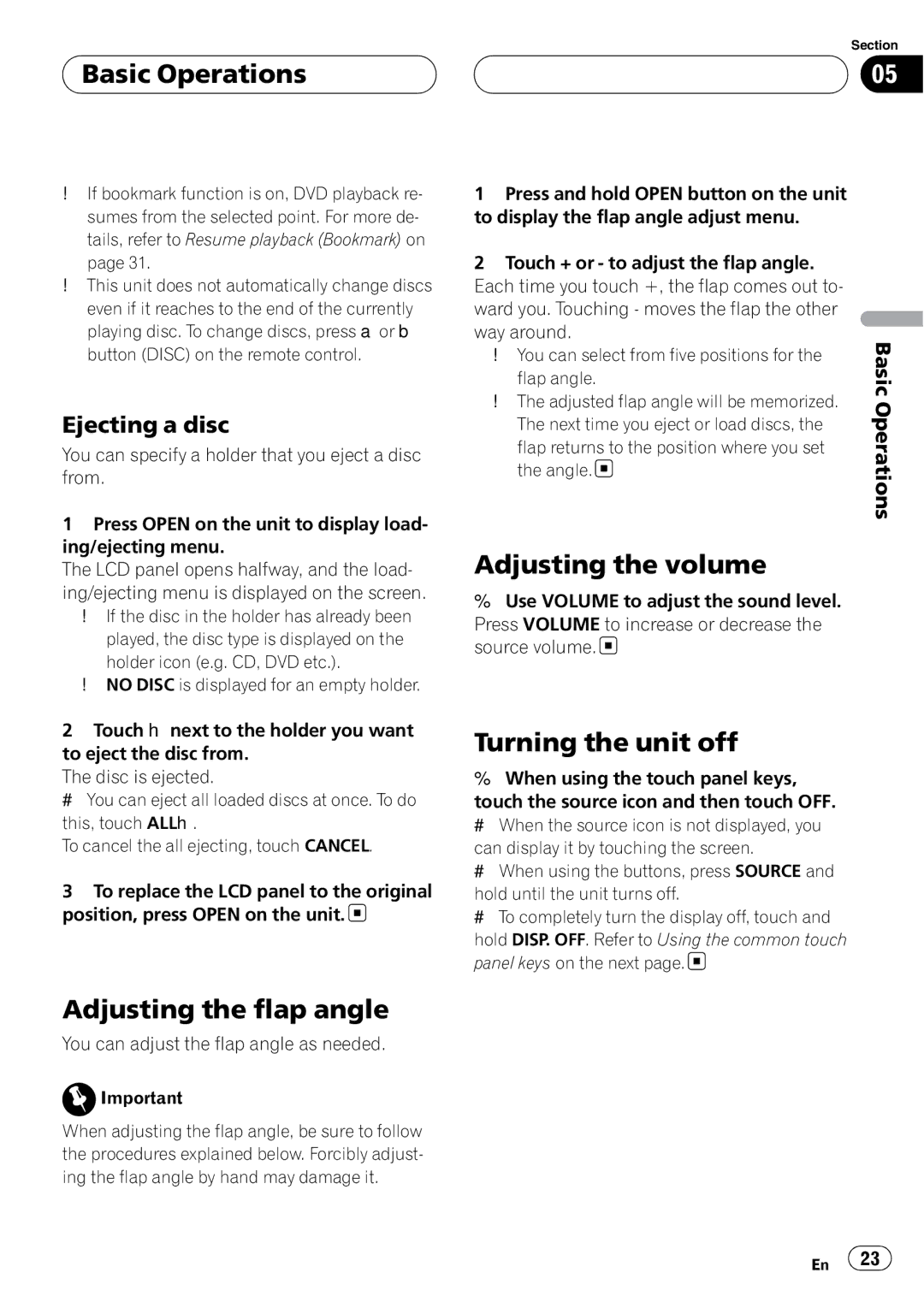 Pioneer AVH-P6800DVD operation manual Adjusting the flap angle, Adjusting the volume, Turning the unit off, Ejecting a disc 