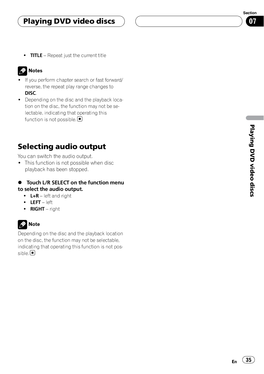 Pioneer AVH-P6800DVD operation manual Selecting audio output, Playing DVD video discs 