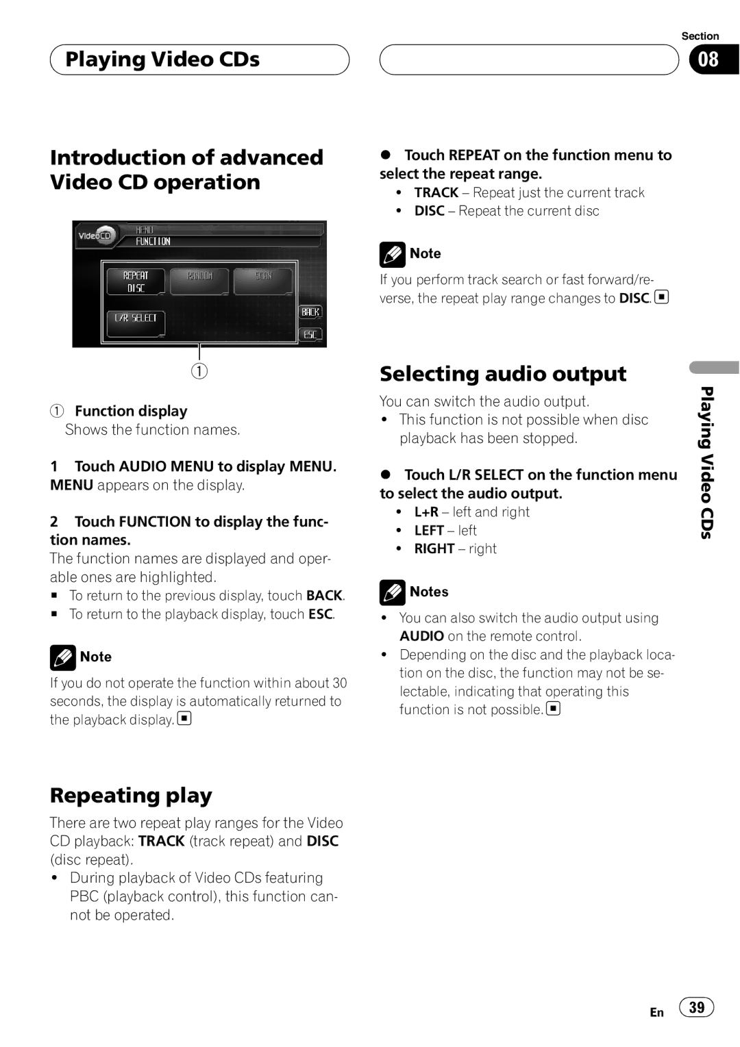 Pioneer AVH-P6800DVD operation manual Repeating play, Playing Video CDs 