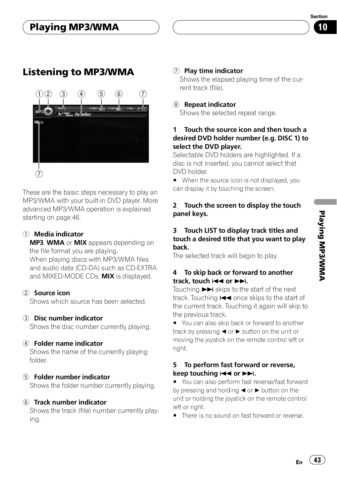 Pioneer AVH-P6800DVD operation manual Playing MP3/WMA Listening to MP3/WMA, 12 3 4 5 6 