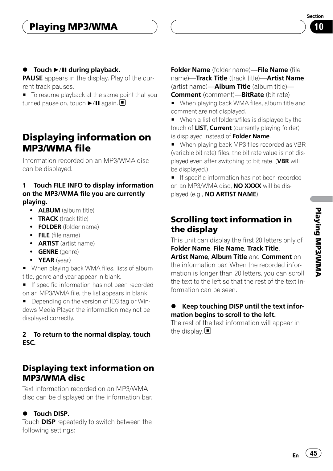 Pioneer AVH-P6800DVD operation manual Displaying information on MP3/WMA file, Displaying text information on MP3/WMA disc 