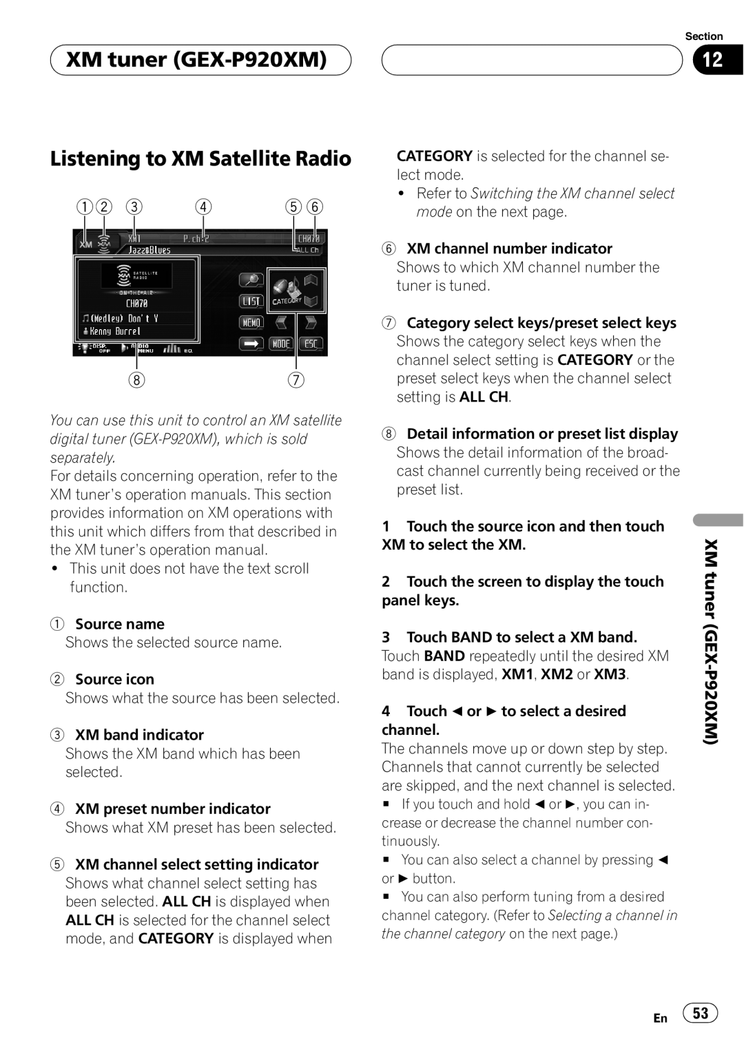 Pioneer AVH-P6800DVD operation manual XM tuner GEX-P920XM Listening to XM Satellite Radio, Gex 