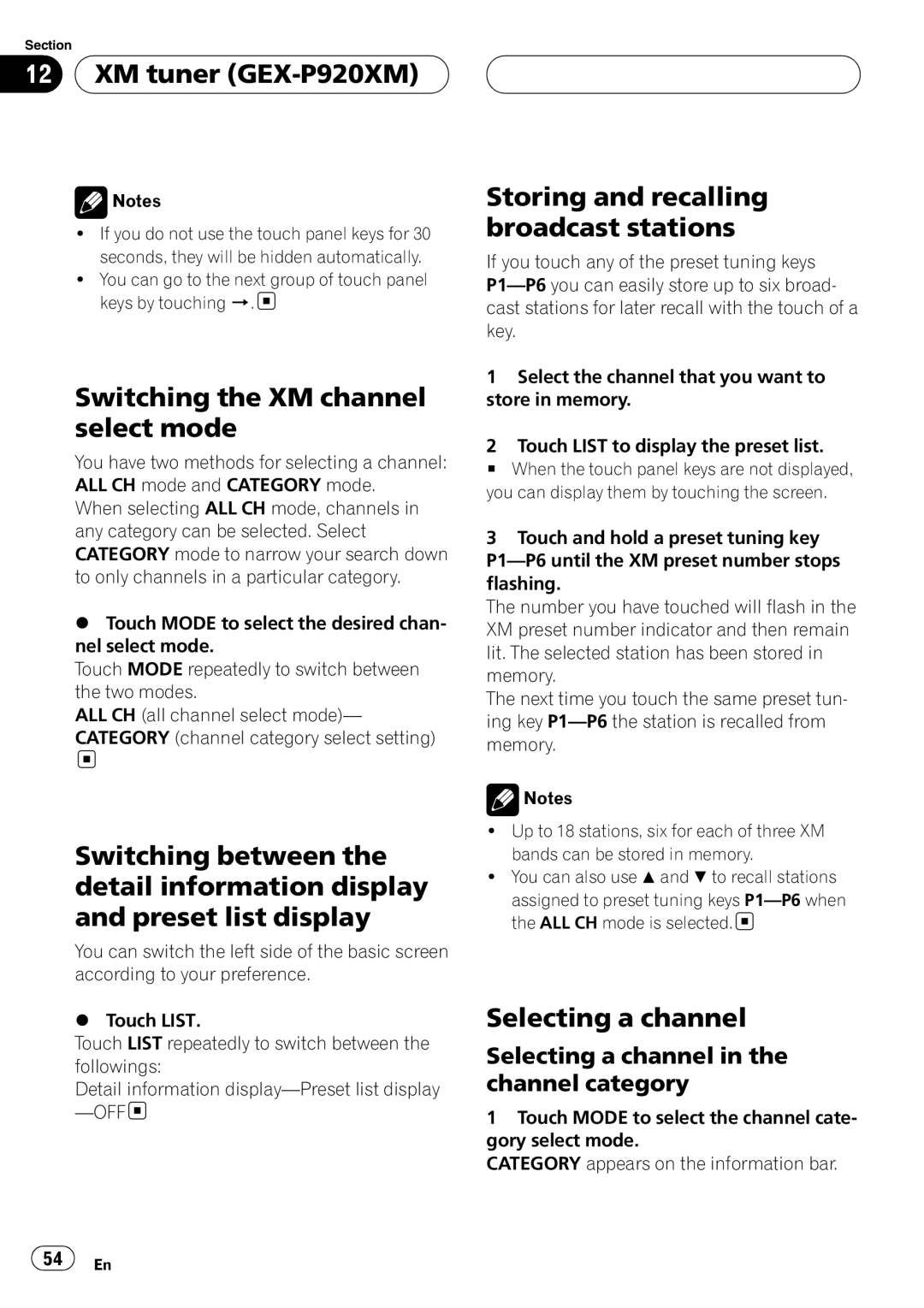 Pioneer AVH-P6800DVD XM tuner GEX-P920XM, Switching the XM channel select mode, Storing and recalling broadcast stations 