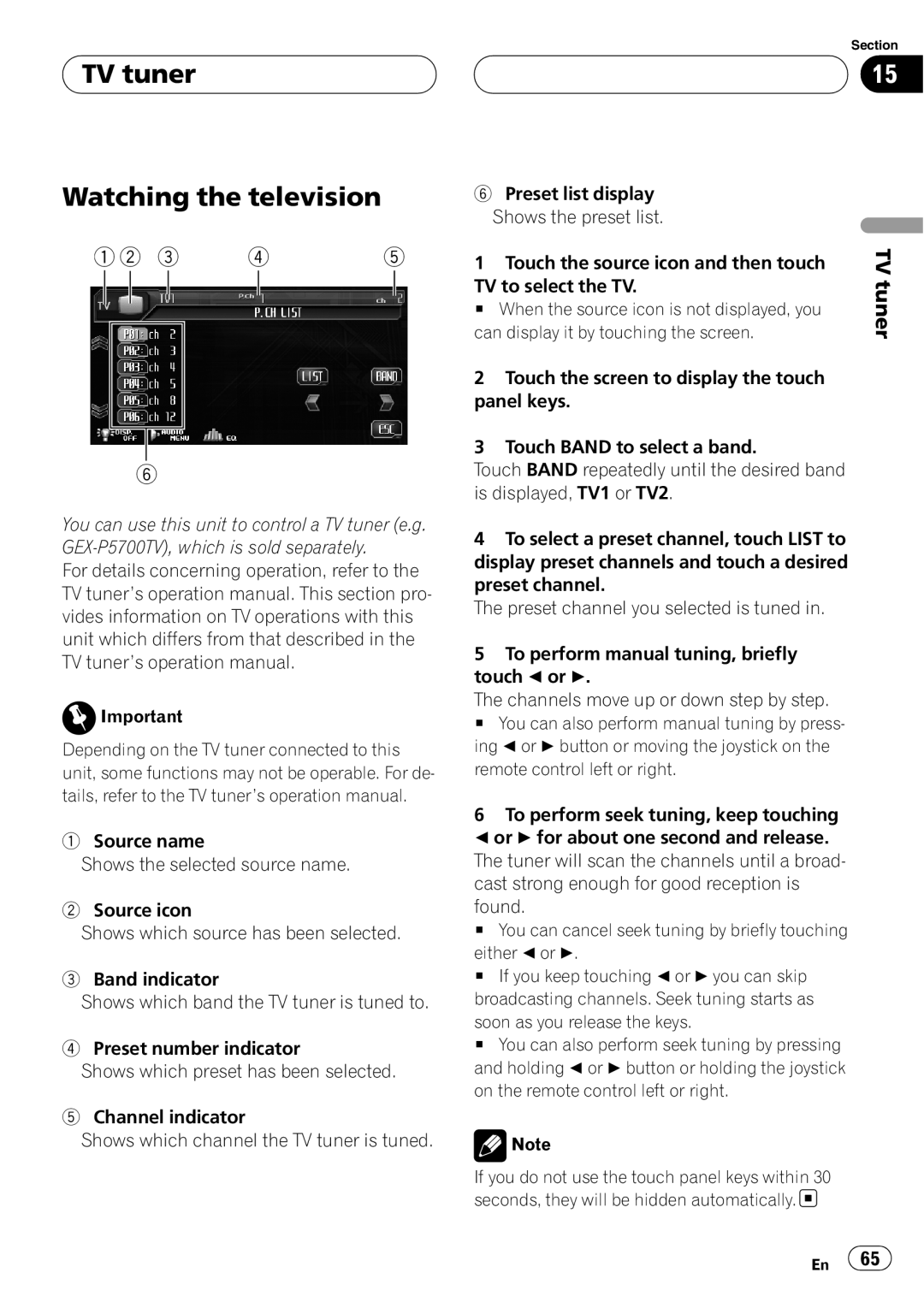 Pioneer AVH-P6800DVD operation manual TV tuner Watching the television 