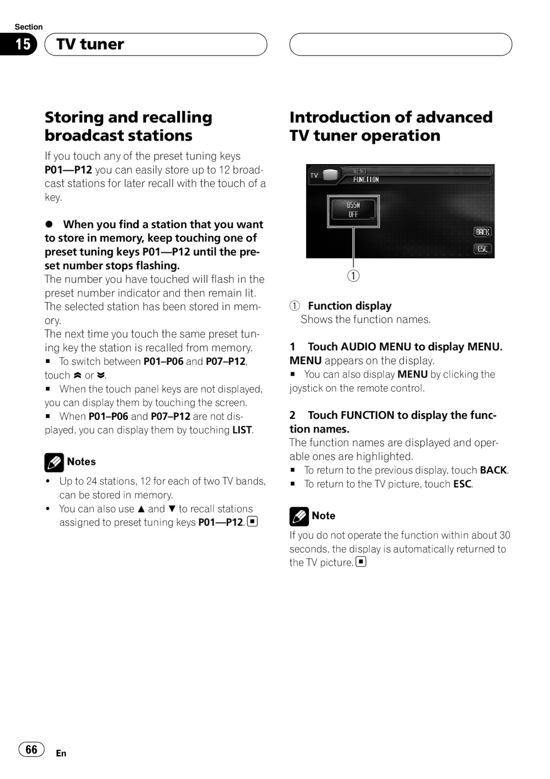 Pioneer AVH-P6800DVD TV tuner Storing and recalling broadcast stations, Introduction of advanced TV tuner operation 