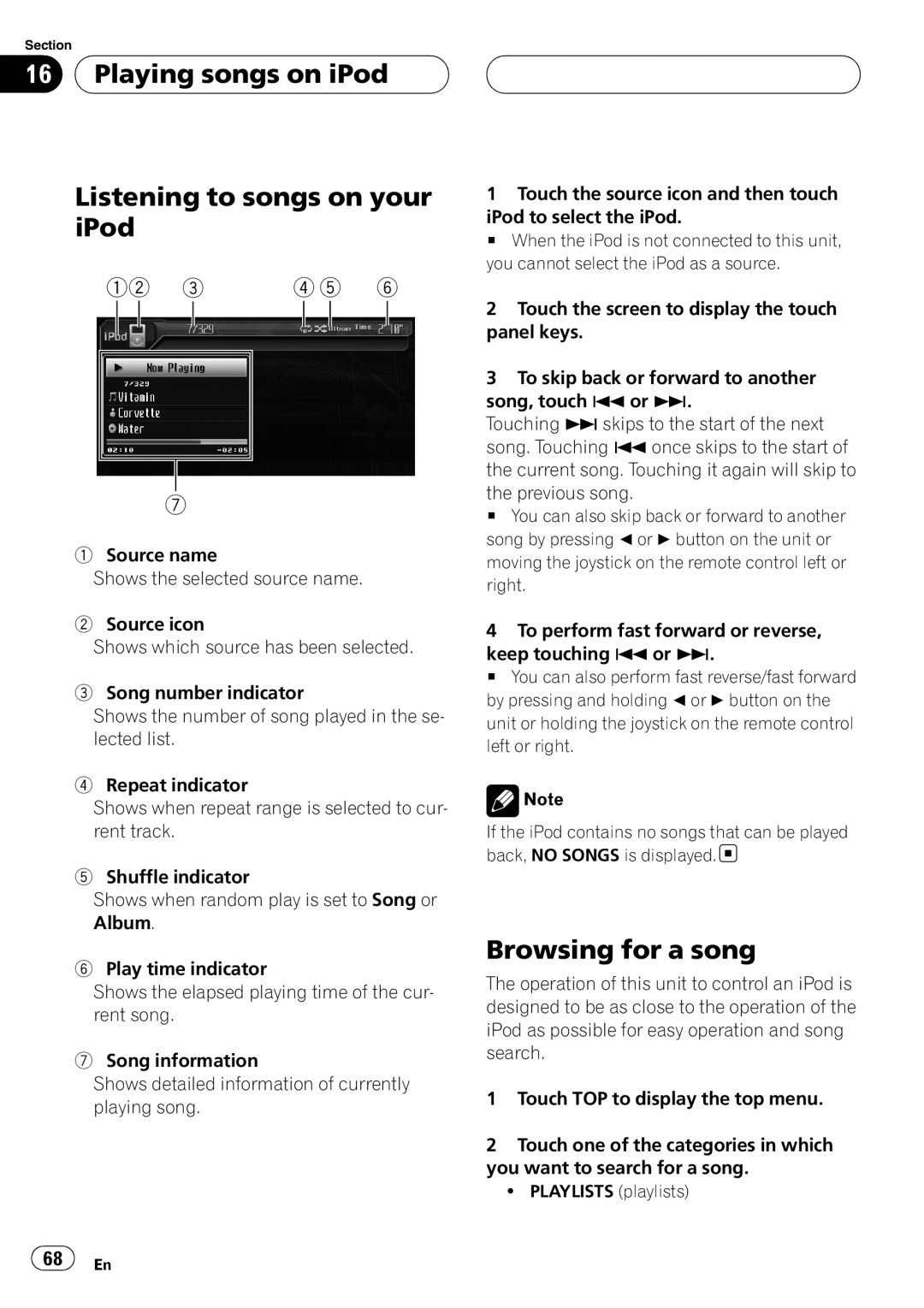 Pioneer AVH-P6800DVD operation manual Playing songs on iPod Listening to songs on your iPod, Browsing for a song 