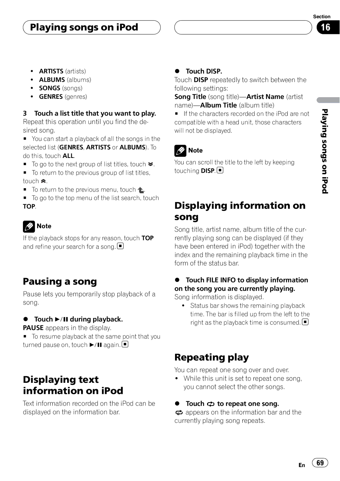 Pioneer AVH-P6800DVD operation manual Playing songs on iPod, Pausing a song, Displaying text information on iPod 