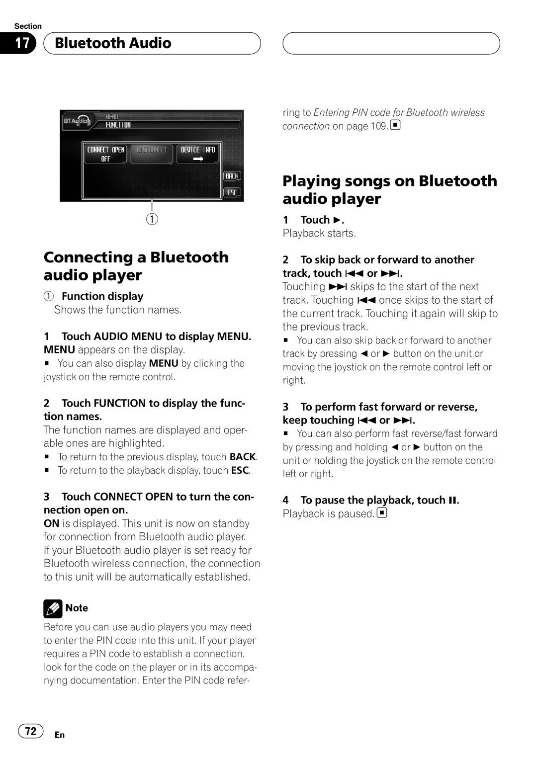 Pioneer AVH-P6800DVD Bluetooth Audio Connecting a Bluetooth audio player, Playing songs on Bluetooth audio player 