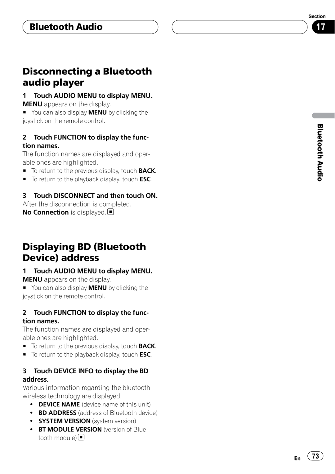 Pioneer AVH-P6800DVD Bluetooth Audio Disconnecting a Bluetooth audio player, Displaying BD Bluetooth Device address 