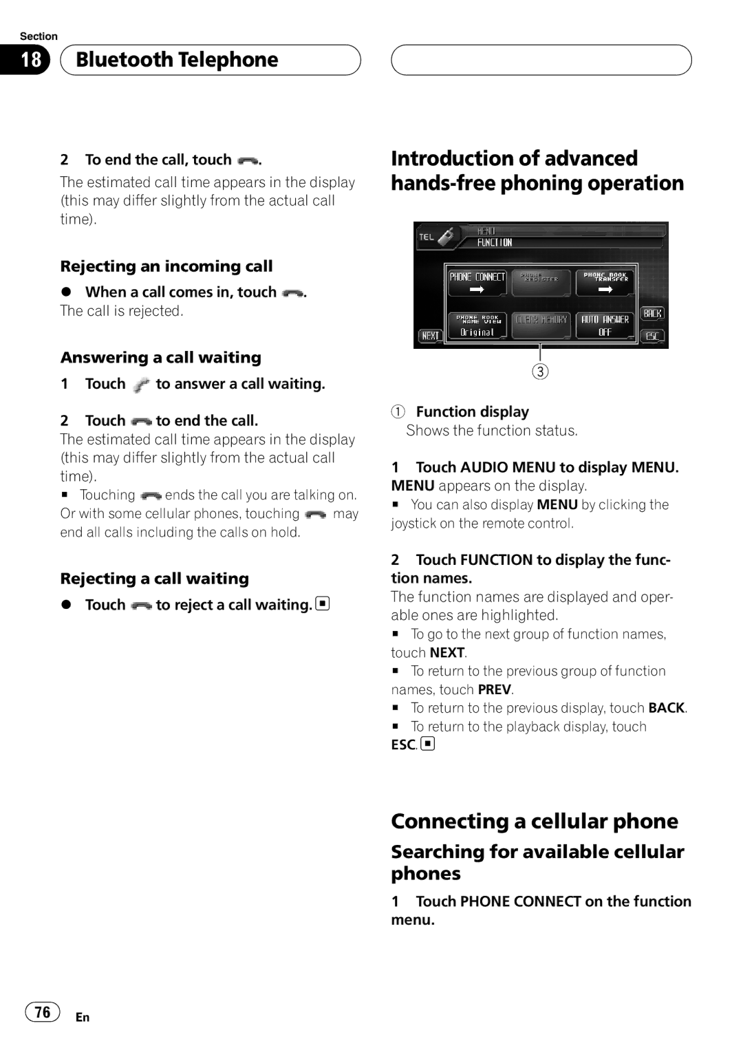 Pioneer AVH-P6800DVD operation manual Introduction of advanced hands-free phoning operation, Connecting a cellular phone 