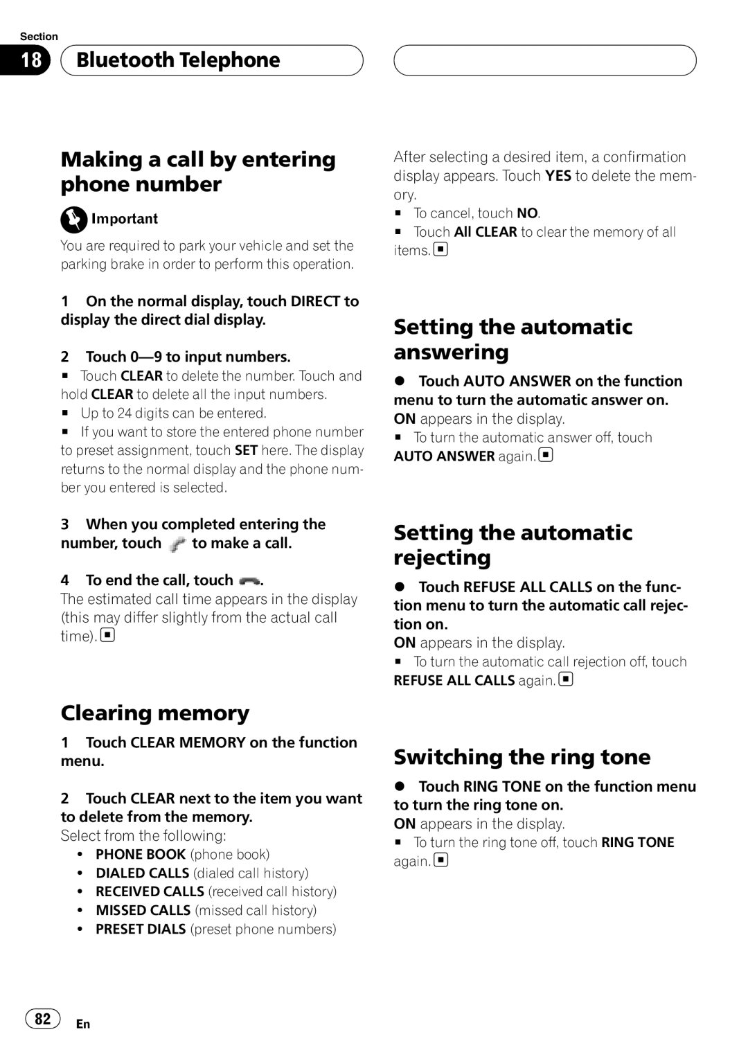 Pioneer AVH-P6800DVD Bluetooth Telephone Making a call by entering phone number, Clearing memory, Switching the ring tone 