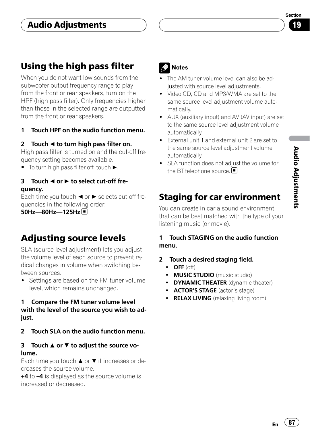 Pioneer AVH-P6800DVD Audio Adjustments Using the high pass filter, Adjusting source levels, Staging for car environment 