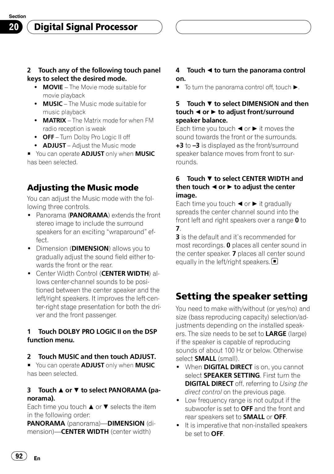 Pioneer AVH-P6800DVD operation manual Setting the speaker setting, Adjusting the Music mode 