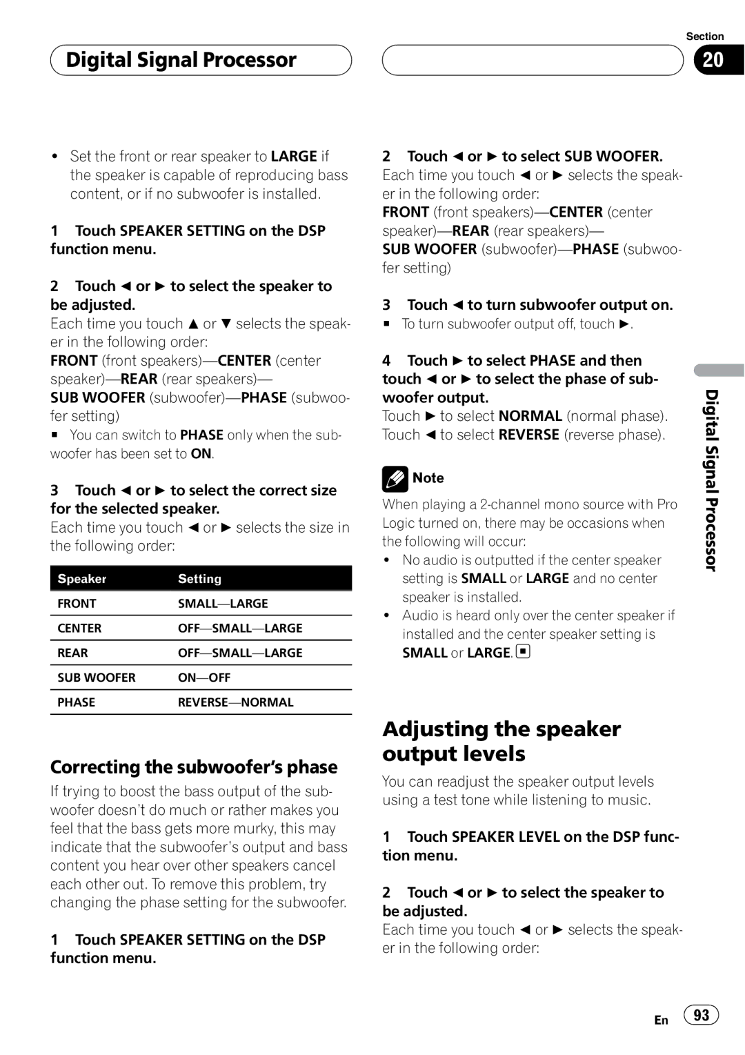 Pioneer AVH-P6800DVD operation manual Correcting the subwoofer’s phase 