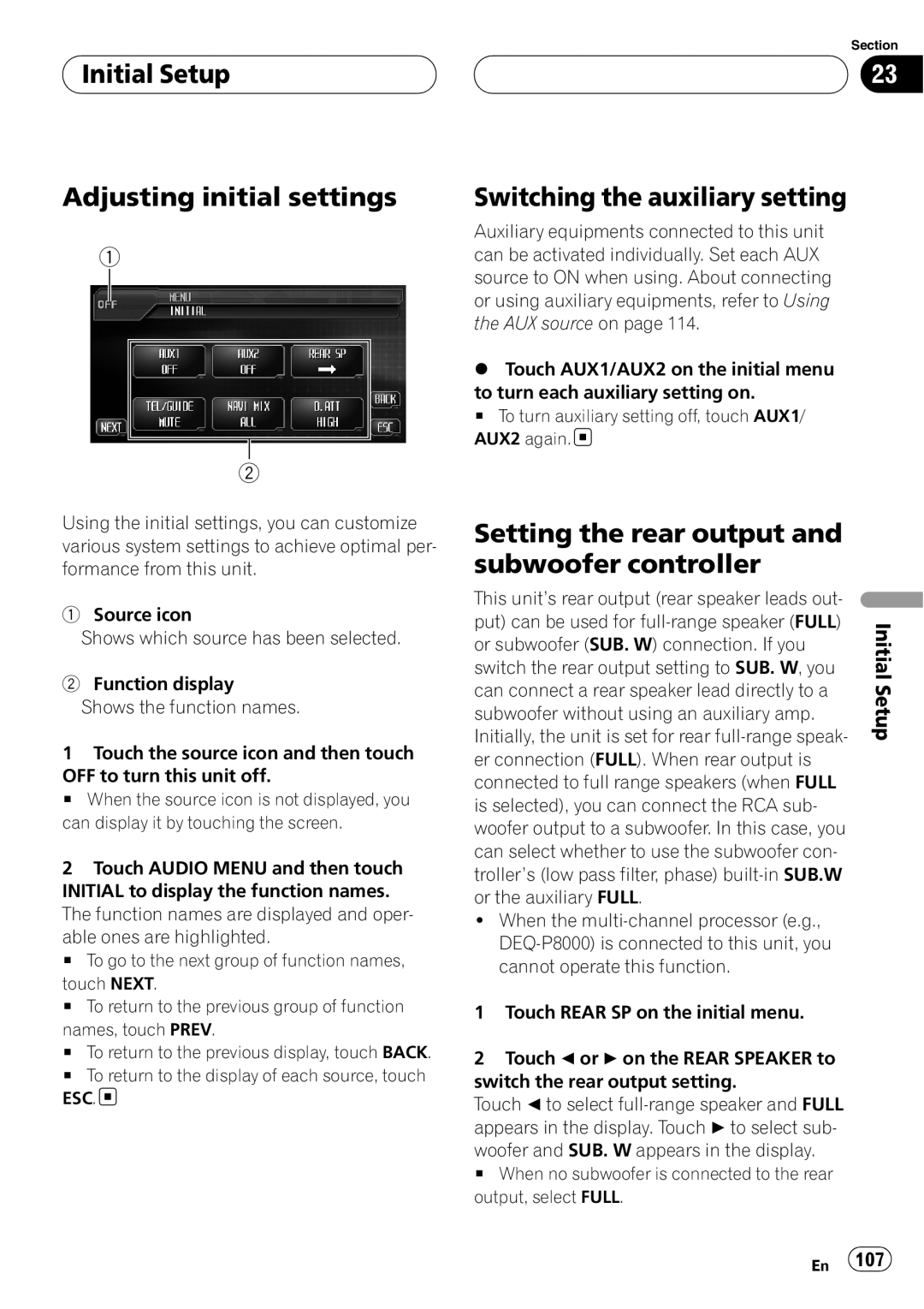 Pioneer AVH-P6800DVD operation manual Initial Setup Adjusting initial settings, Switching the auxiliary setting 
