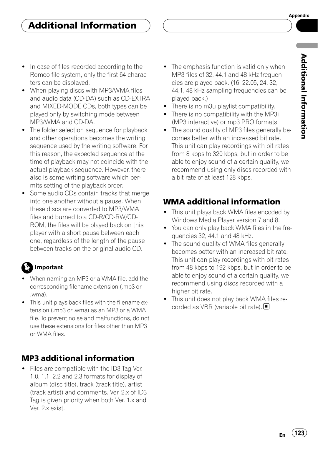 Pioneer AVH-P6800DVD operation manual MP3 additional information, WMA additional information, Additional Information 