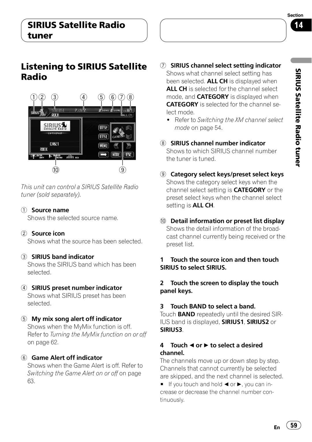Pioneer AVH-P6800DVD operation manual SIRIUS Satellite Radio tuner, Listening to SIRIUS Satellite Radio, 5 6 7 